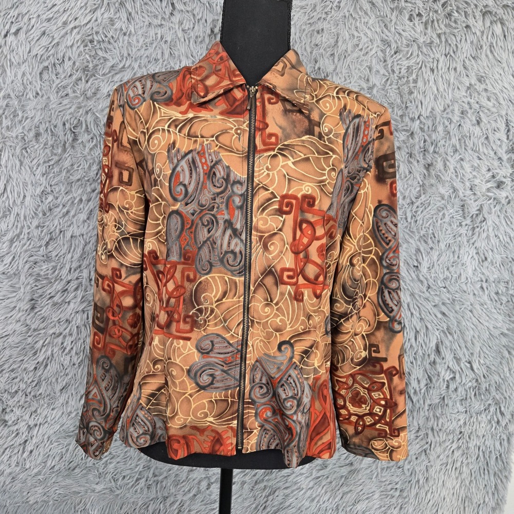 C.B. Collections Zip Up Jacket Womens‎ Petite Brown Abstract Swirl Vintage 9198P